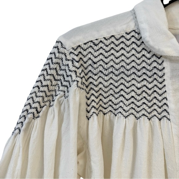 Laurence Bras Cotton Nord Blue Smocked Embroidered Blouse Small White Navy Boho - Picture 8 of 15